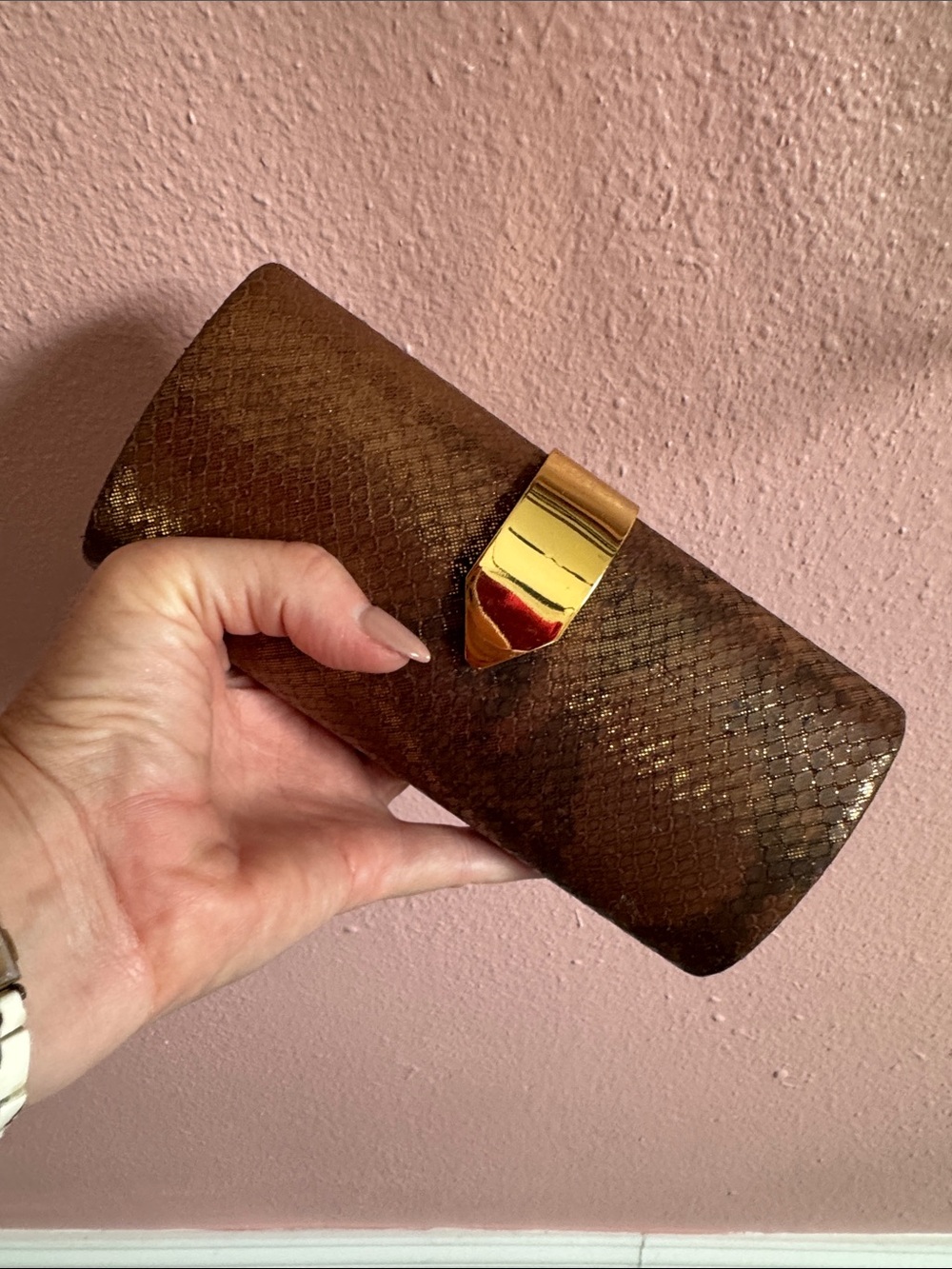 Banana Republic Metallic Brown Snakeskin Clutch with Gold Accent